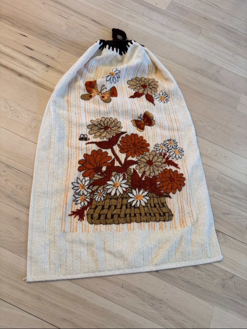 Vintage-kitchen hanging towel vibrant floral design-crocheted button top-MCM